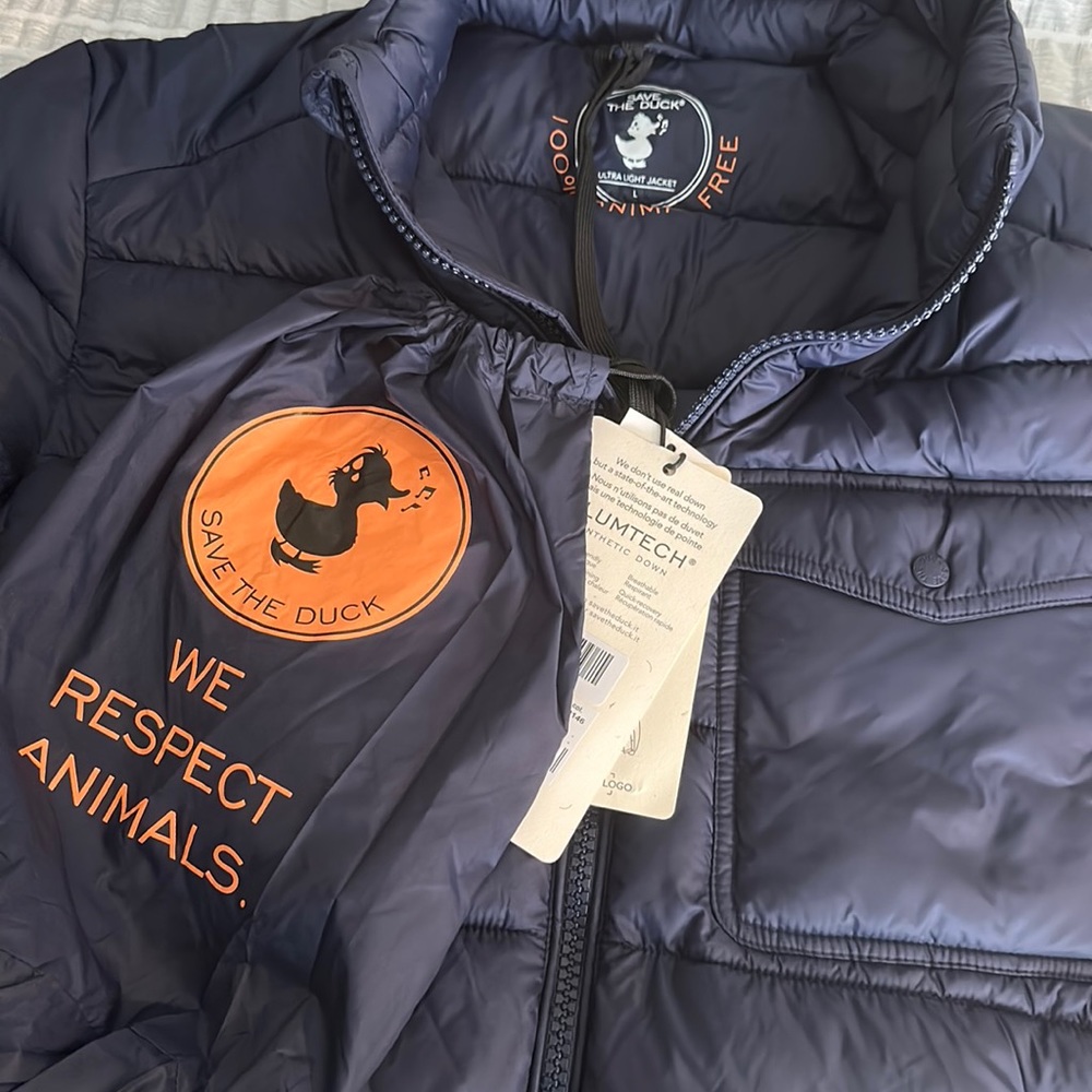NWT navy blue SAVE THE duck synthetic down jacket, size large
